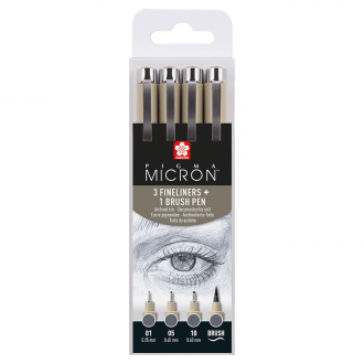 Набір лінерів PIGMA MICRON 4шт, (0.1/0.5/10/лінер-пензель Pigma Brush), Сірий, Sakura