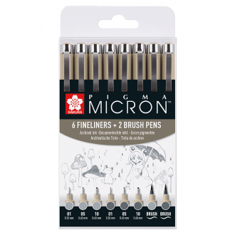 Набір лінерів PIGMA MICRON 8шт, (0.1/0.5/10/лінер-пензель Pigma Brush), Сірий/Сірий світлий, Sakura
