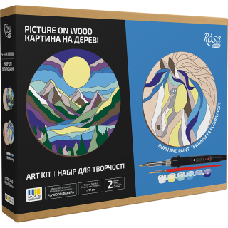 Набір для випалювання картини на дереві „Horse and Mountains“ з фарбами в коробці ROSA Start