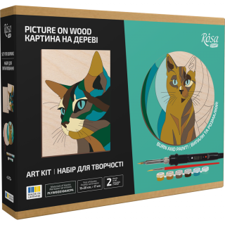 Набір для випалювання картини на дереві „Cats“ з фарбами в коробці ROSA Start