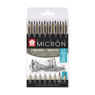 Набір лінерів PIGMA MICRON 6шт + 1 лінер-пензель Pigma Brush + PIGMA Micron PN В ПОДАРУНОК Sakura
