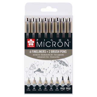 Набір лінерів PIGMA MICRON 8шт, (0.1/0.5/10/лінер-пензель Pigma Brush), Сірий/Сірий світлий, Sakura