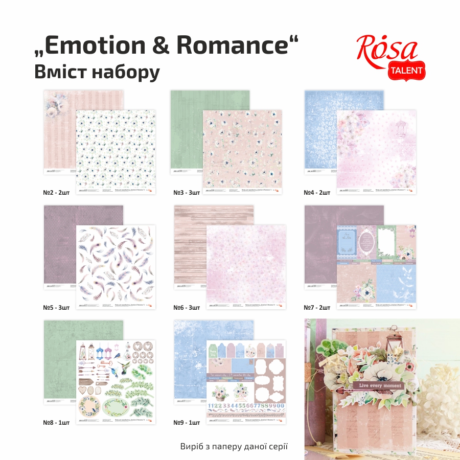 Набір паперу для скрапбукінгу „Emotion & Romance“ двост. 30,48х30,48см 200г/м2 16арк. ROSA TALENT