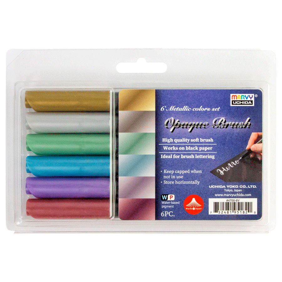 Набір маркерів на водній основі Opaque Brush, металіки, 6 кольорів, Marvy~#]